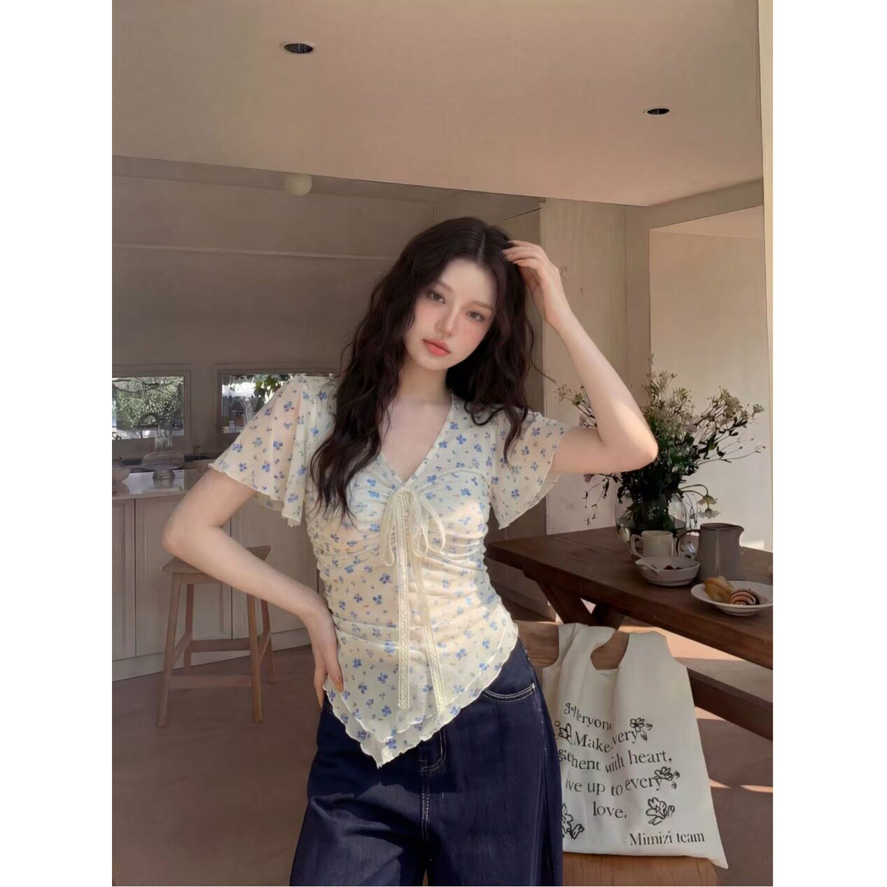 大码胖mm甜辣风碎花蕾丝系带正肩短袖T恤女显瘦不规则超好看上衣