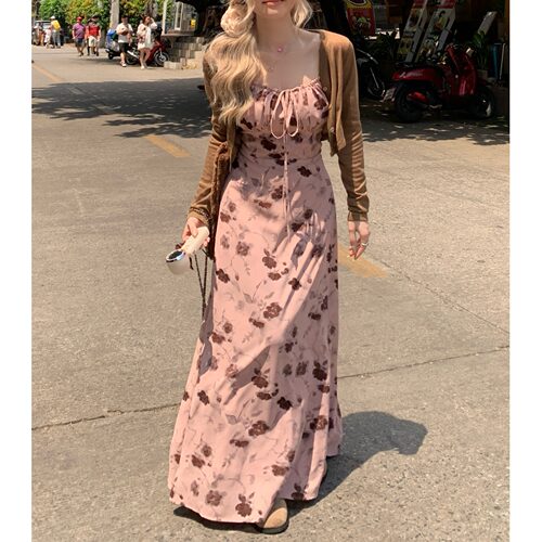 胖mm气质温柔淑女系带印花吊带连衣裙女夏季新款显高显白高级长裙