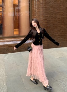 大码胖MM法式小香风V领丝绒长袖上衣女秋冬高腰纱网蛋糕裙两件套