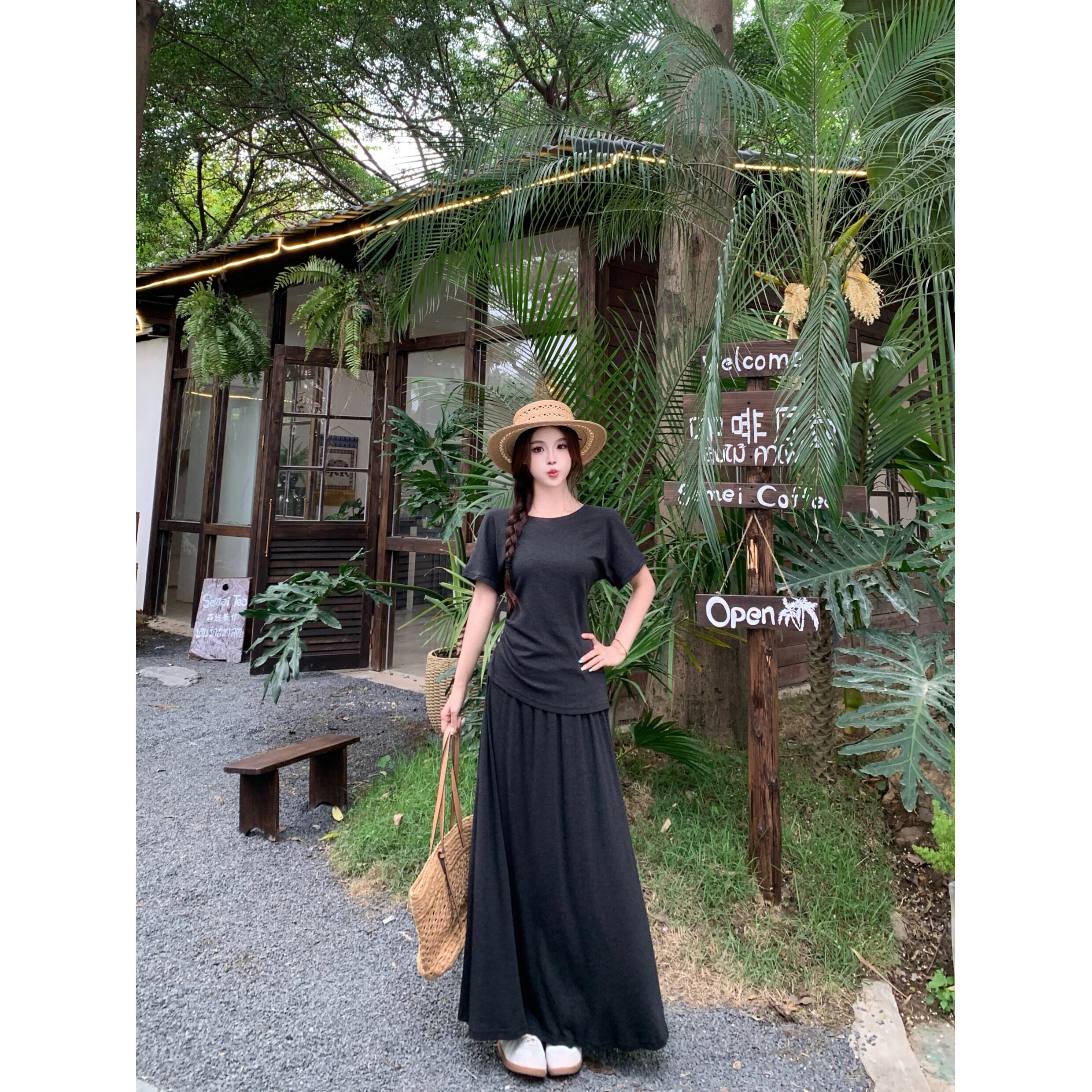大码胖mm慵懒松弛感正肩短袖t恤女修身显瘦上衣垂感半身裙两件套