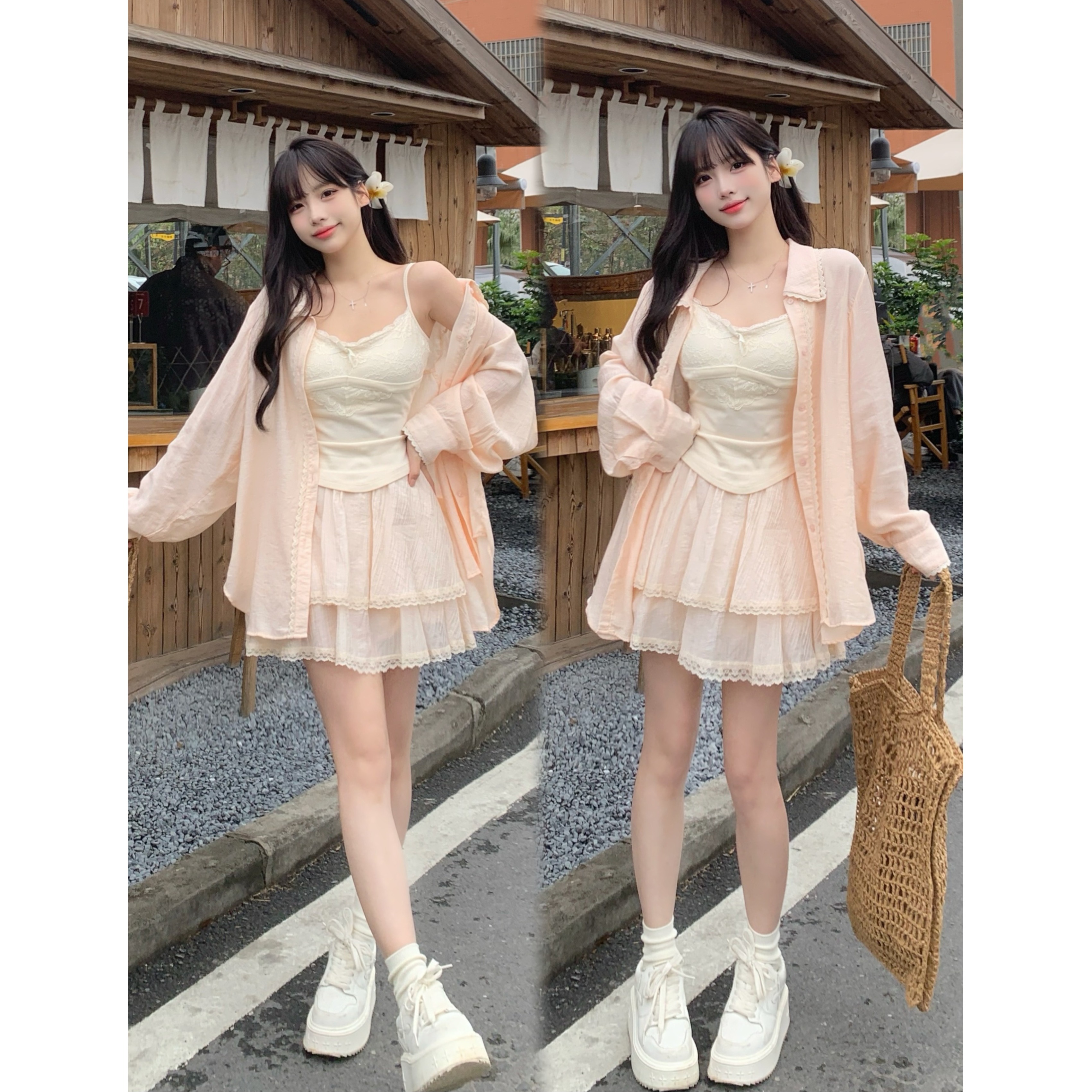 胖mm甜美风蕾丝拼接宽松衬衫女叠穿吊带背心+高腰蛋糕短裙三件套