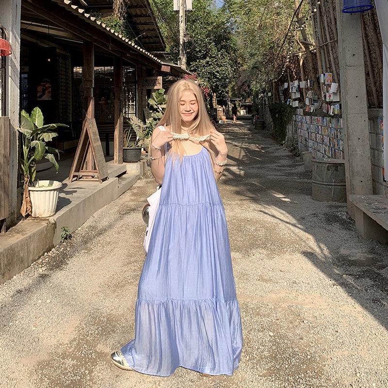 大码胖mm韩系小清新蓝色无袖吊带连衣裙女宽松慵懒风海边度假长裙