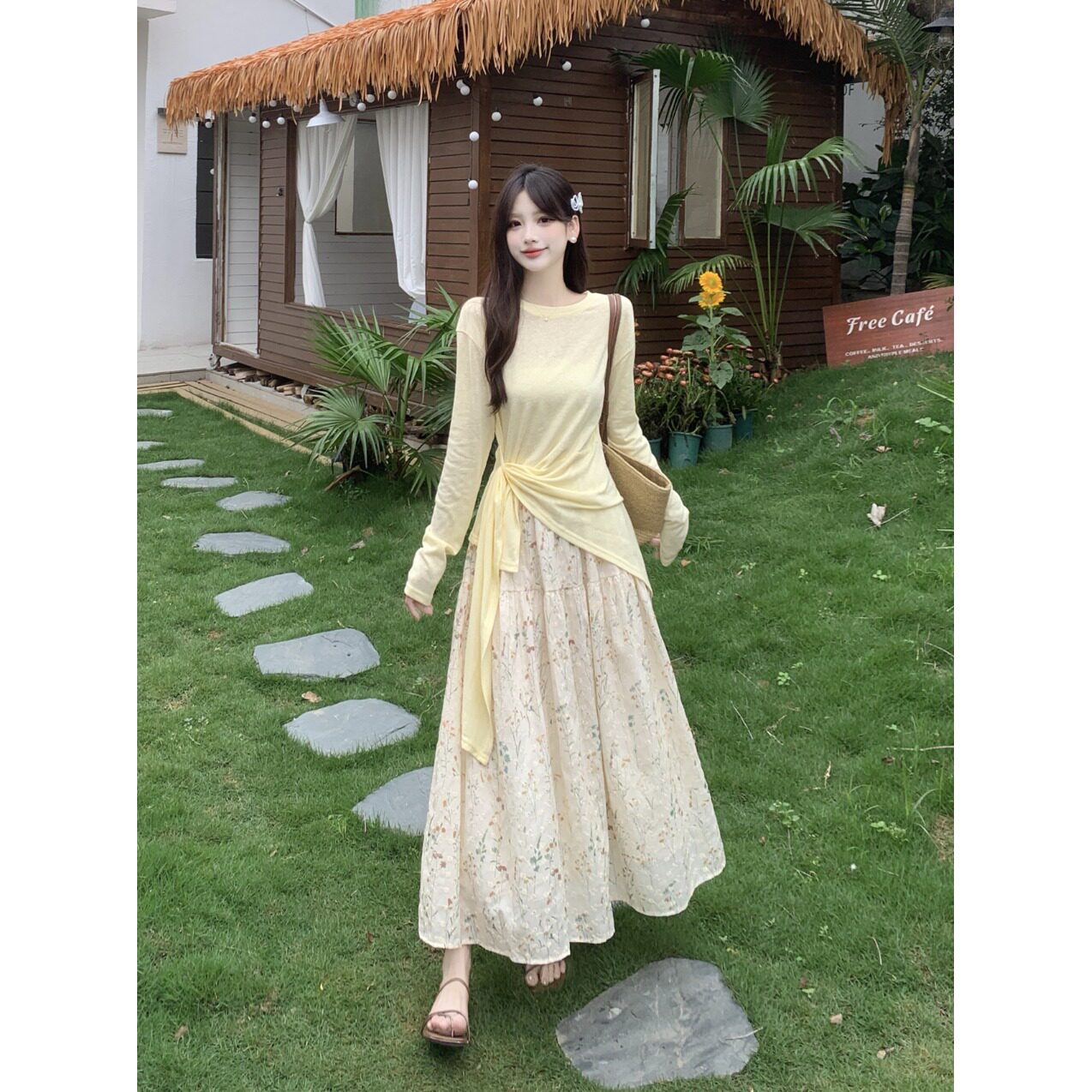 新势力时尚女装 慵懒风不规则长袖T恤女显瘦刺绣碎花半身裙两件套