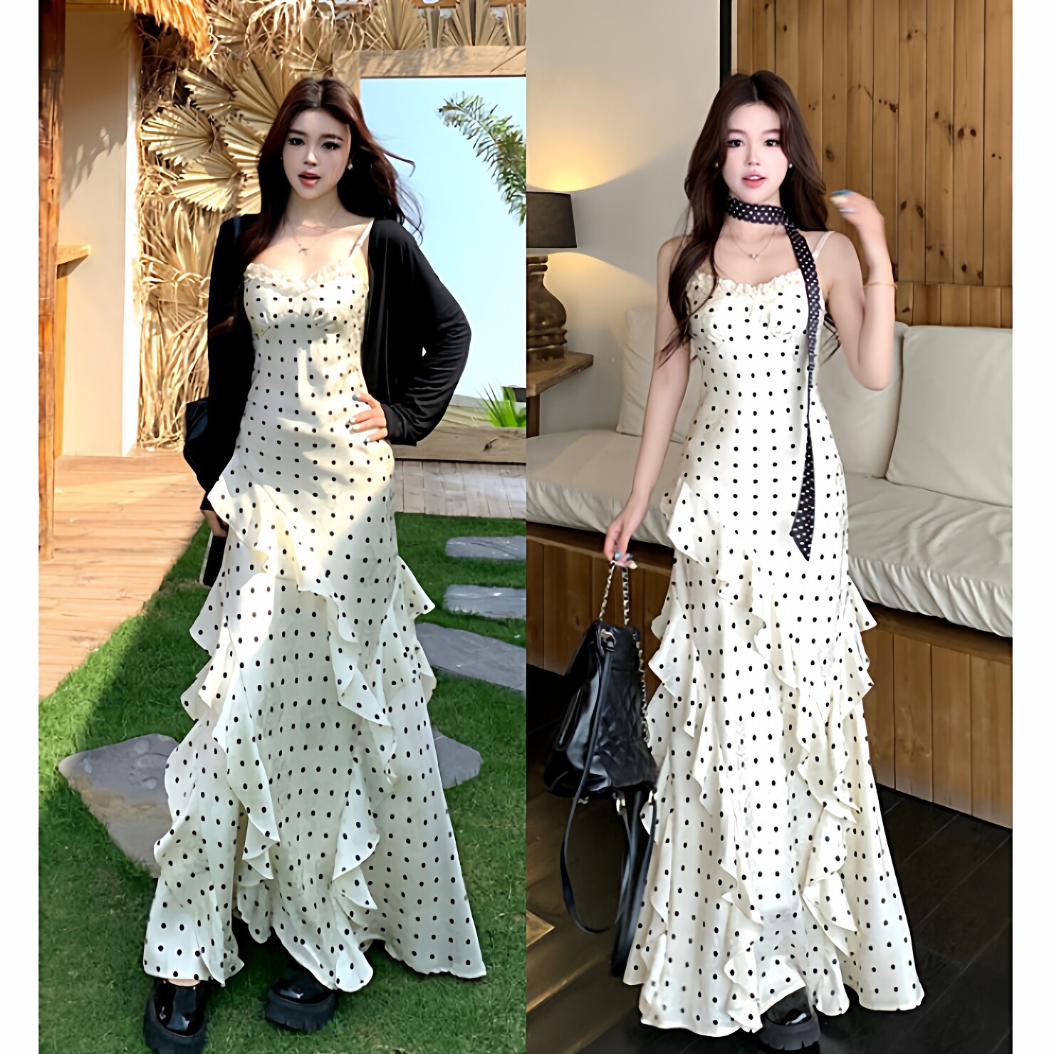 大码胖mm富家千金miu系穿搭甜美波点吊带连衣裙女海边度假风长裙