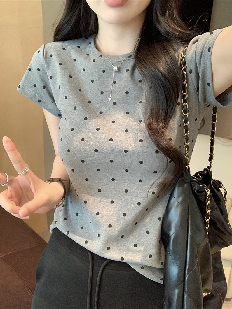 大码胖MM复古减龄波点短袖T恤女夏新款辣妹百搭圆领短款休闲上衣