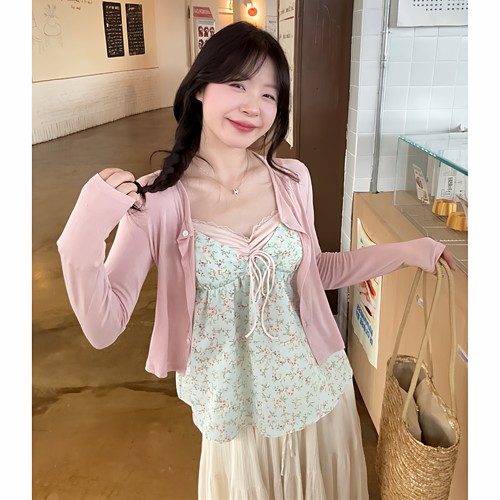 大码胖mm纯欲蕾丝花边碎花V领背心吊带女甜美显瘦防晒开衫两件套