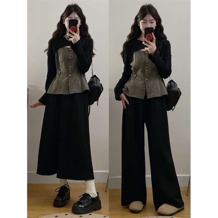 胖mm时髦高级感拼接牛仔上衣女春季新款高腰显瘦半裙休闲裤两件套