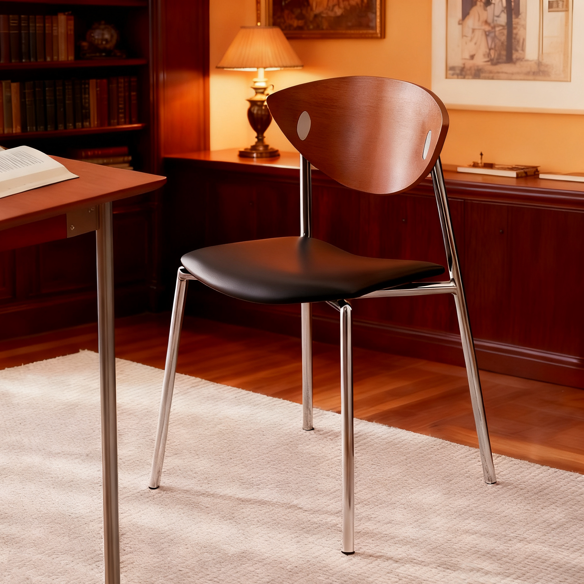 中古不锈钢家用餐椅子复古休闲咖啡厅实木靠背网红餐厅设计师椅子