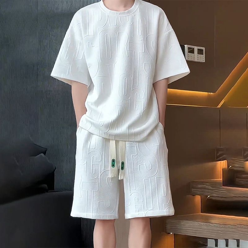【一套】华夫格套装男夏季ins港风短袖t恤短裤高级感帅气搭配男装