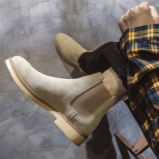 男士 切尔西靴男尖头春季 靴子中帮潮流英伦马丁靴反绒皮高帮男短靴