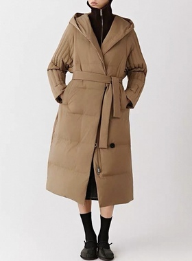 HUG羽绒服 小禾同源 羊毛混纺冬季长款连帽羽绒服