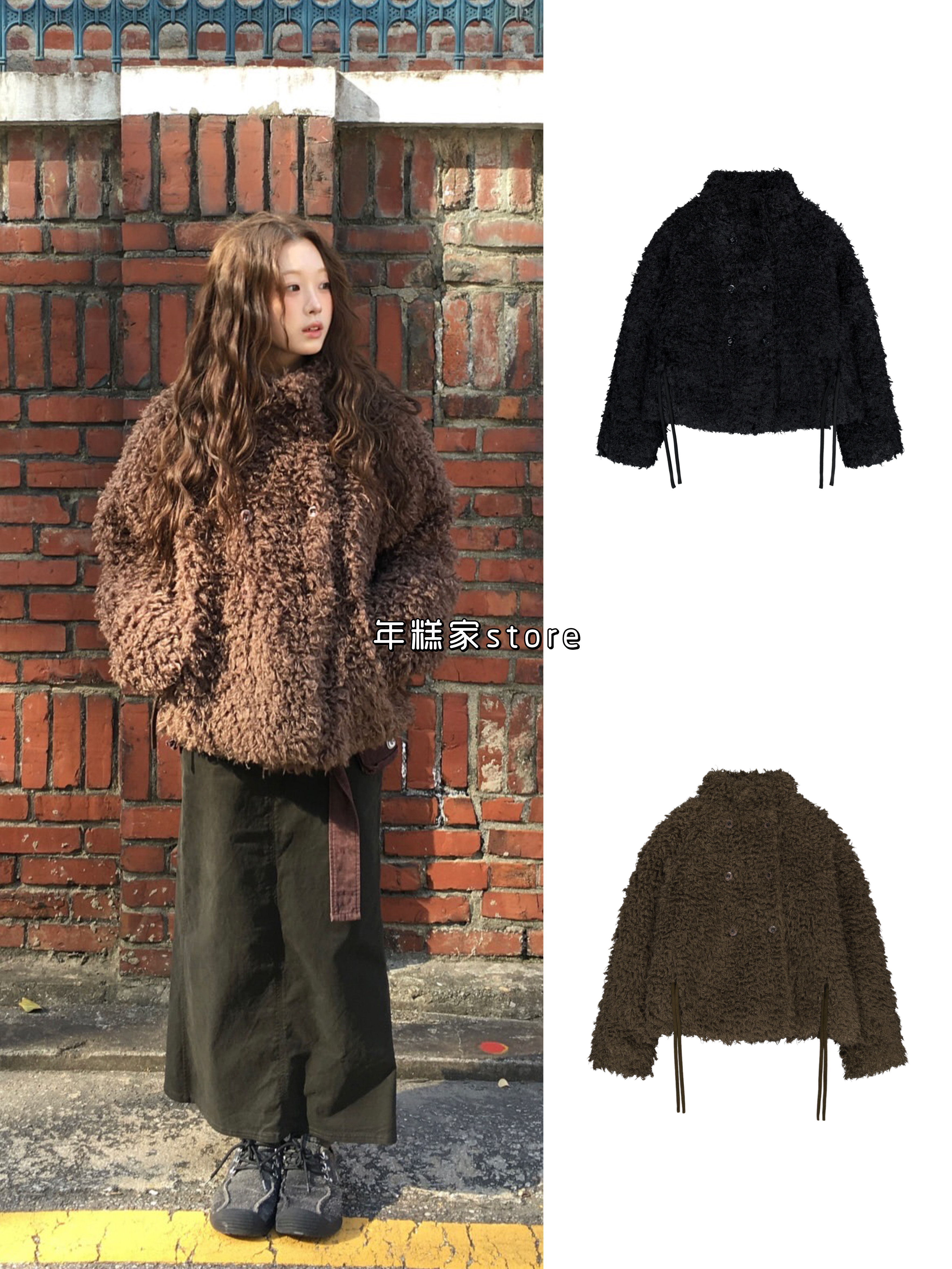 【现货】韩国小众coy*eio同款毛茸茸双排扣系带冬季保暖夹克外套
