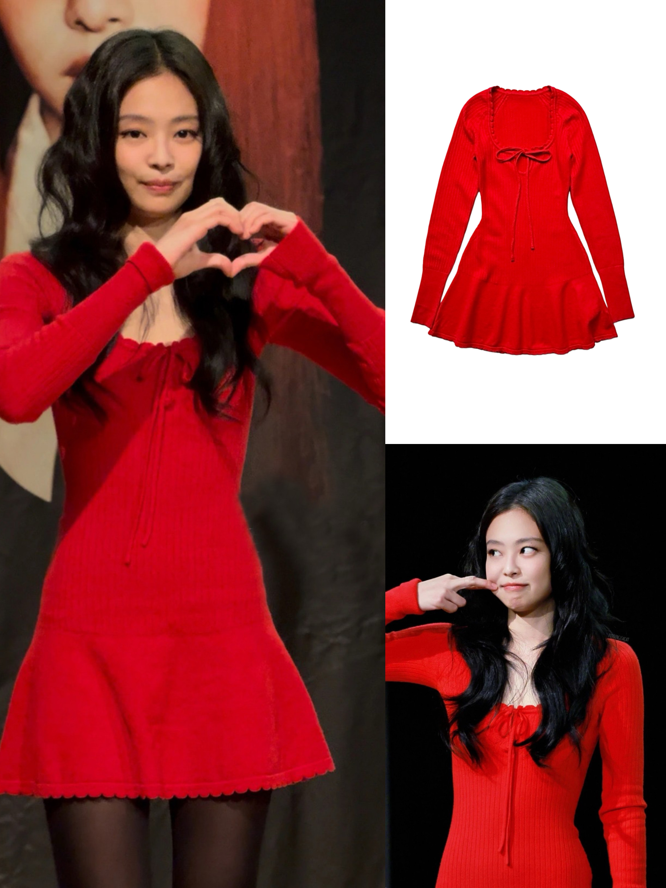 jennie金智妮同款蝴蝶结系带针织长袖修身红色连衣裙女