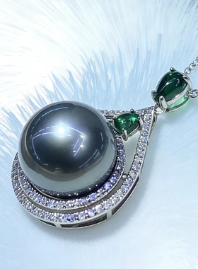 天然海水大溪地珍珠吊坠黑灰飘绿正圆极强光925银镶嵌锆石项链女