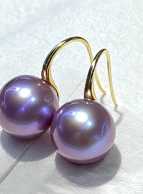 天然淡水爱迪生耳钩紫色珍珠耳环18K金高跟鞋耳钩气质简约耳饰女