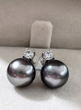 天然海水大溪地黑珍珠耳钉正圆极强光925银戴妃款女高级轻奢耳饰