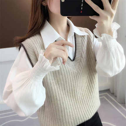 2023网红马夹背心秋冬季外穿新款衬衫两件套女士马甲针织内搭外套