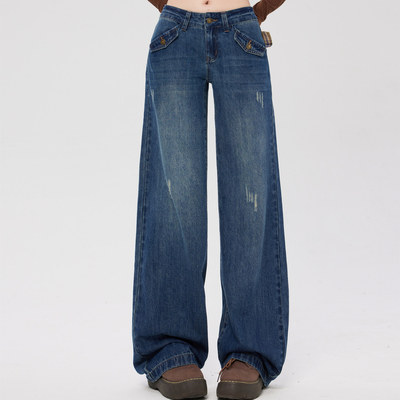 复古低腰阔腿窄版宽松直筒牛仔裤