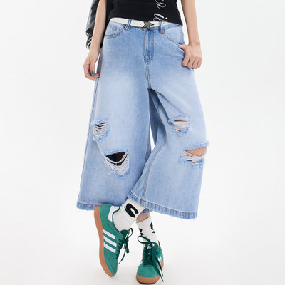 2025夏季新款设计感破洞牛仔裤女时尚高腰百搭宽松毛边七分裤潮流