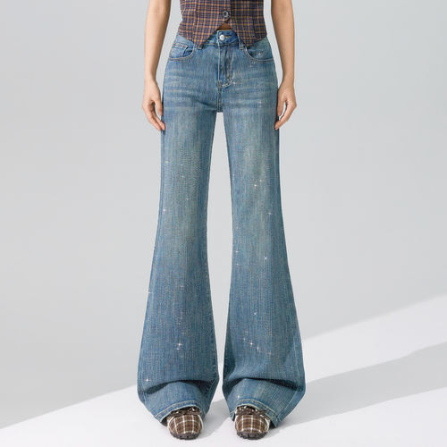 满天星烫钻高腰喇叭拖地牛仔长裤