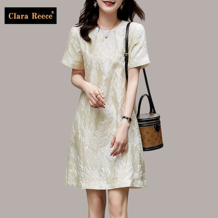 CLARA REECE真丝新款轻奢 立体浮雕感&金线暗纹提花桑蚕丝连衣裙