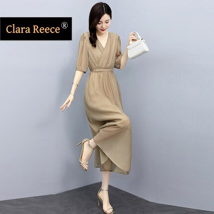 CLARA REECE法式高端连衣裙女夏季收腰气质洋气泡泡袖惊艳长裙子