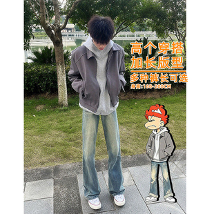 男高个子复古蓝微喇牛仔裤男款直筒秋冬美式加绒裤子修身弯刀长裤