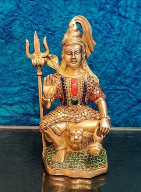 印度手工黄铜湿婆神雕像Aashirwaad Mudra Lota神圣石雕8.5英寸