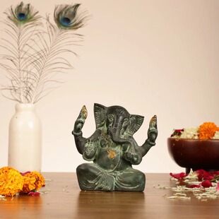 印度国际直邮黄铜Ganesha复古象头神雕像带倾斜头部7 英寸雕像