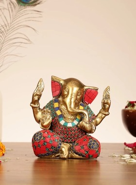 印度手工黄铜Ganesha象头神雕像带倾斜的头部7 英寸工艺摆件