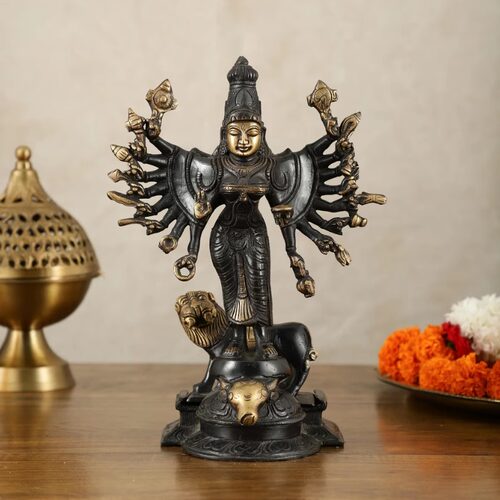 印度国际直邮Mahisasur Mardini Durga 手工黄铜偶像10 英寸黑金