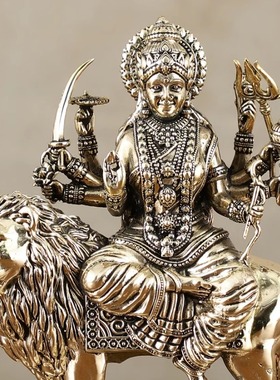 印度国际直邮黄铜超狮子雕像上的杜尔迦女神带底座 - 6 英寸