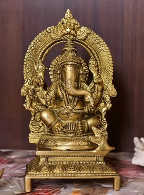 印度宝座上的手工黄铜Ganesha象头神Singhasan雕像（7.5 英寸）