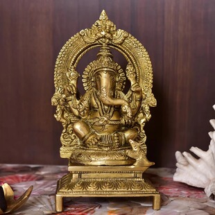 印度宝座上的手工黄铜Ganesha象头神Singhasan雕像（7.5 英寸）