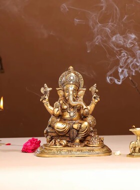 印度手工制作黄铜Ganesha象头神像（9 英寸）雕像