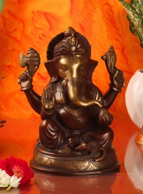 印度手工制Ganesha黄铜象头神像双色调巧克力色和金色高度 8 英寸