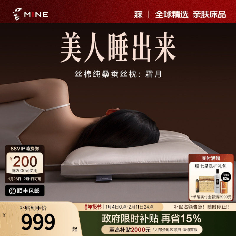 MINE/寐高级丝棉100%桑蚕丝枕头单人枕四季蚕丝枕芯新年送礼 霜月,床上用品,蚕丝枕,淘宝优惠券,粉丝福利购,淘宝优惠卷