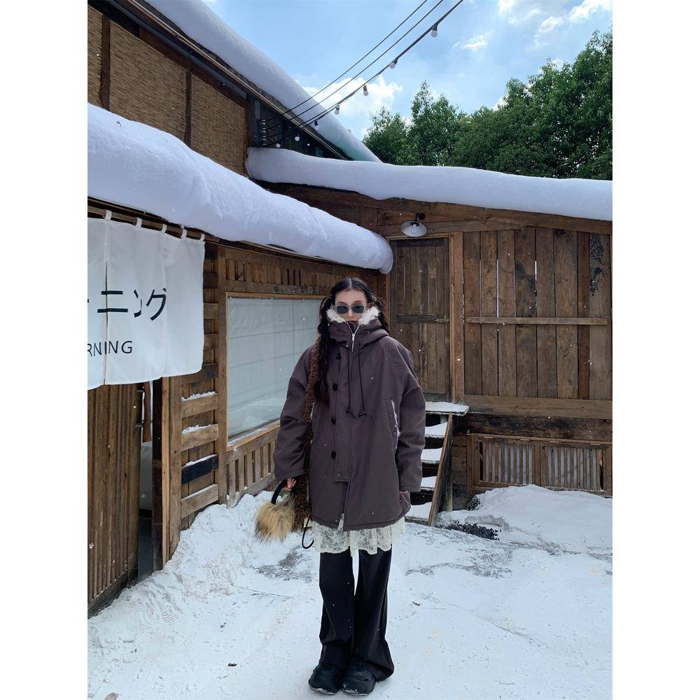 198布丁 美式覆古毛领连帽中长款风衣棉服外套女冬季宽松加厚棉衣