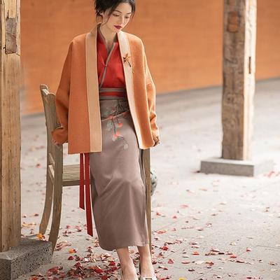 亦有竹【万柿顺荔】秋冬羊毛双色双面尼红色上衣外套印花裙