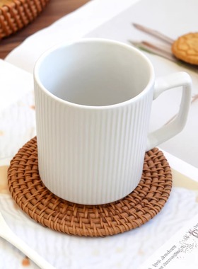 『白色条纹』简约竖条纹陶瓷马克杯方柄杯子轻熟风咖啡杯水杯北欧