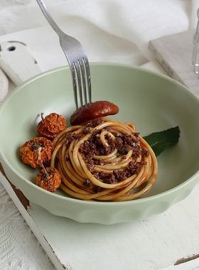 『很美的绿』日式花边菜碗陶瓷家用绿色圆碗沙拉碗浮雕餐具高颜值