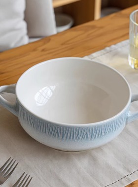 『实用双耳』冰川纹蓝边碗家用陶瓷 泡面碗火鸡面碗ins风汤碗菜碗