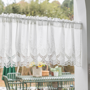 白色蕾丝厨房短帘美式 纱帘半帘飘窗窗帘魔术贴免打孔隔断咖啡门帘