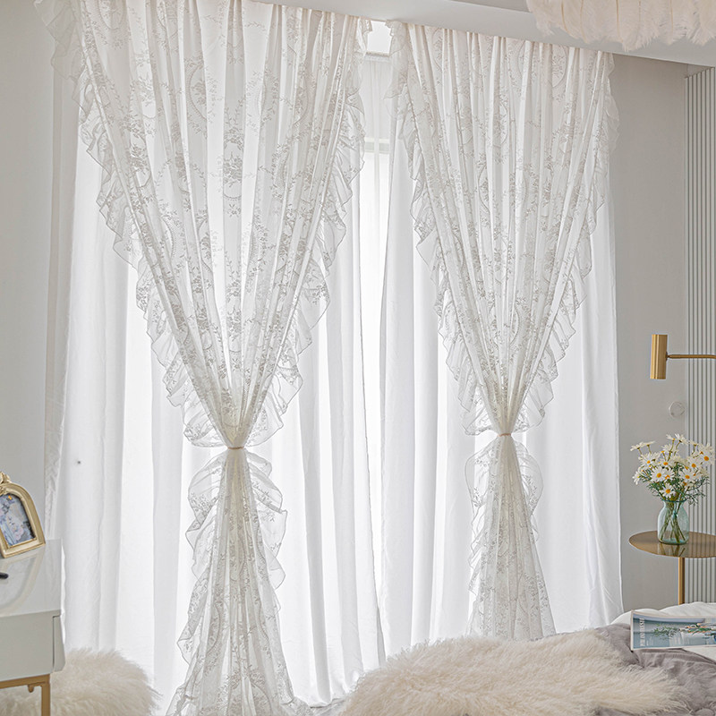 法式复古白色蕾丝公主风少女双层纱帘透光不透人卧室飘窗窗帘布帘