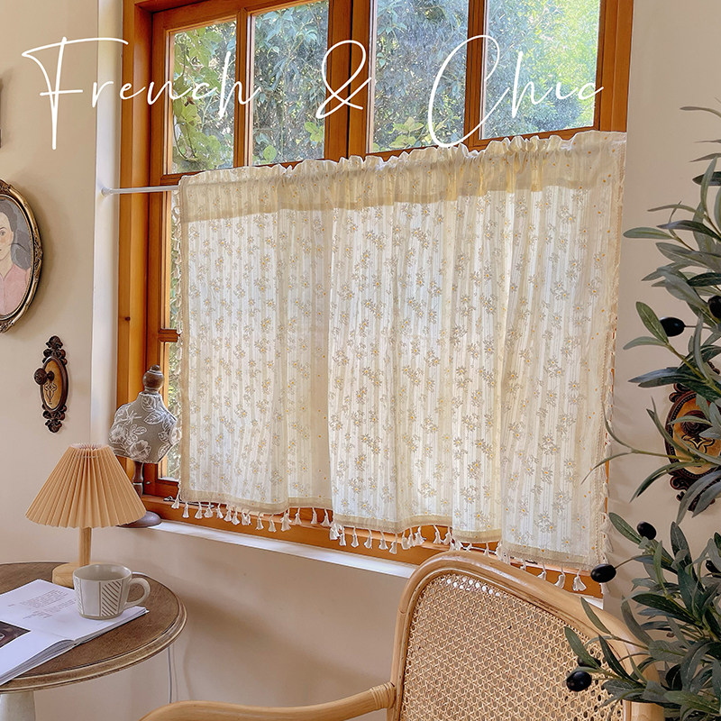 法式田园小窗户半帘ins风复古碎花短帘棉麻免打孔小雏菊隔断门帘