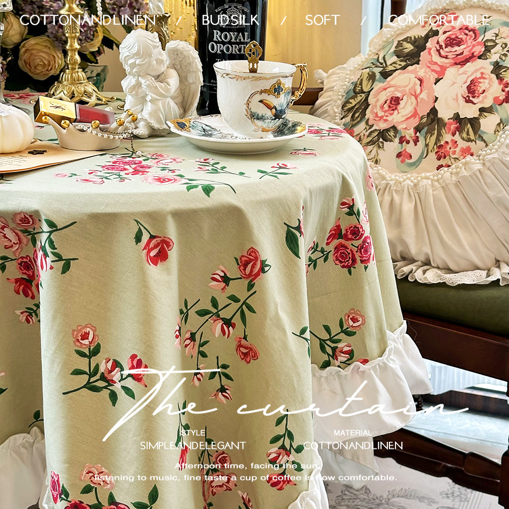 法式复古美式乡村棉麻印花长方形台布茶几圆餐桌布甜品防尘盖巾布
