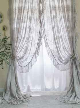 法式复古灰色洛可可蕾丝公主风少女纱帘欧式客厅飘窗窗帘隔断门帘