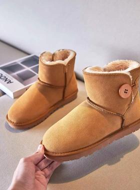 3352成人真牛皮雪地靴 纯色 一粒扣防滑女鞋冬季短筒靴子加绒加厚