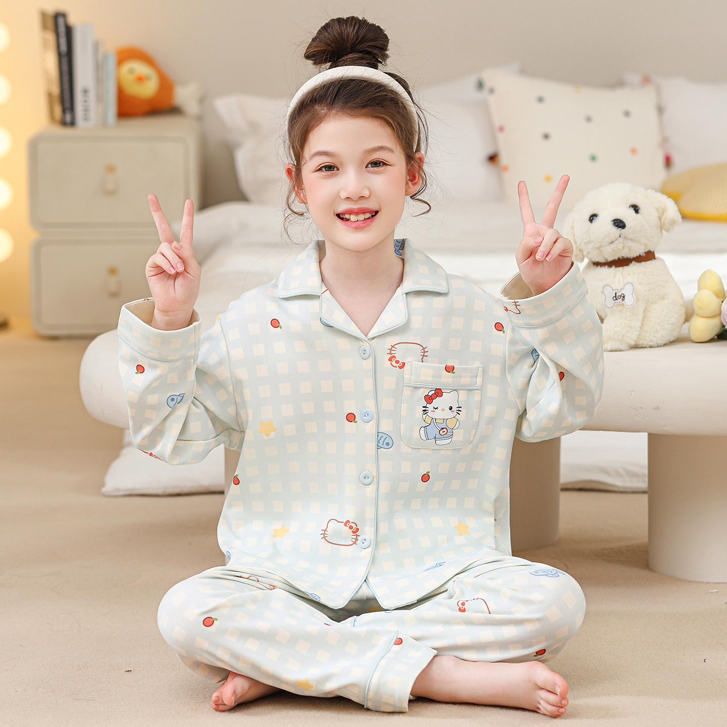 KT猫女童睡衣甜美可爱春秋新款卡通长袖中大童开衫女孩家居服套装