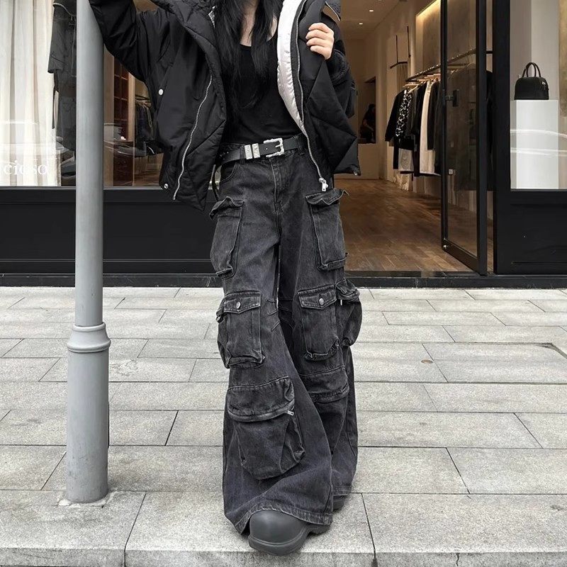 美式复古重工多口袋拼接设计喇叭牛仔裤男女宽松阔腿情侣工装裤潮